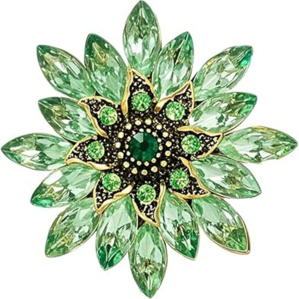 Stunning Green Flower Brooch Gold with Crystal Rhinestones‎